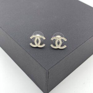 Chanel Gold Double C Crystal Stud Earrings